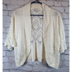 Kim Rogers Womens‎ Cardigan Sweater Open Front Knit Cream Diamond Pattern L